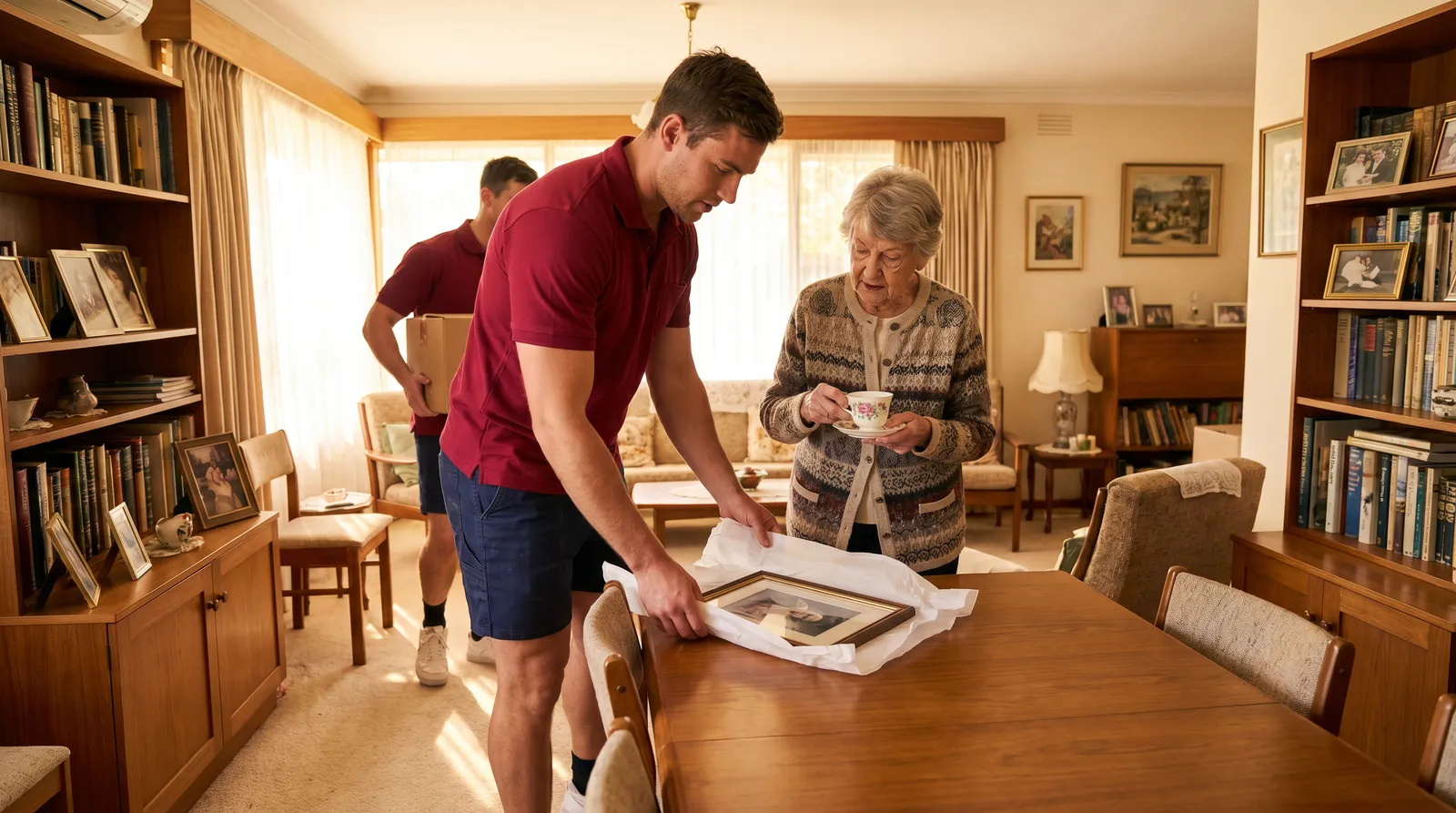 A removalist carefully wrapping a framed photograph beside a woman showing him a china teacup