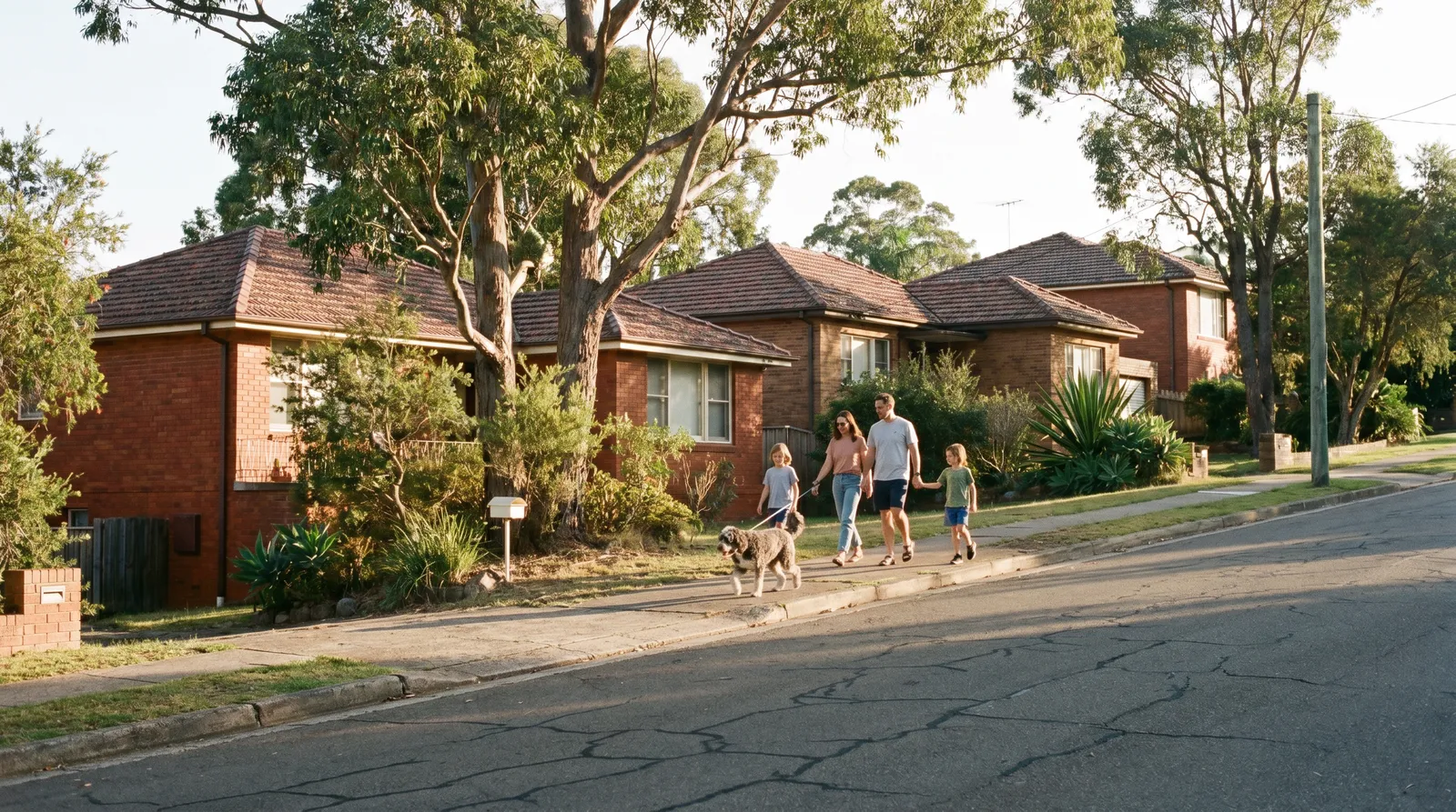 A family walking a dog past established brick houses on a gently sloping Forestville street