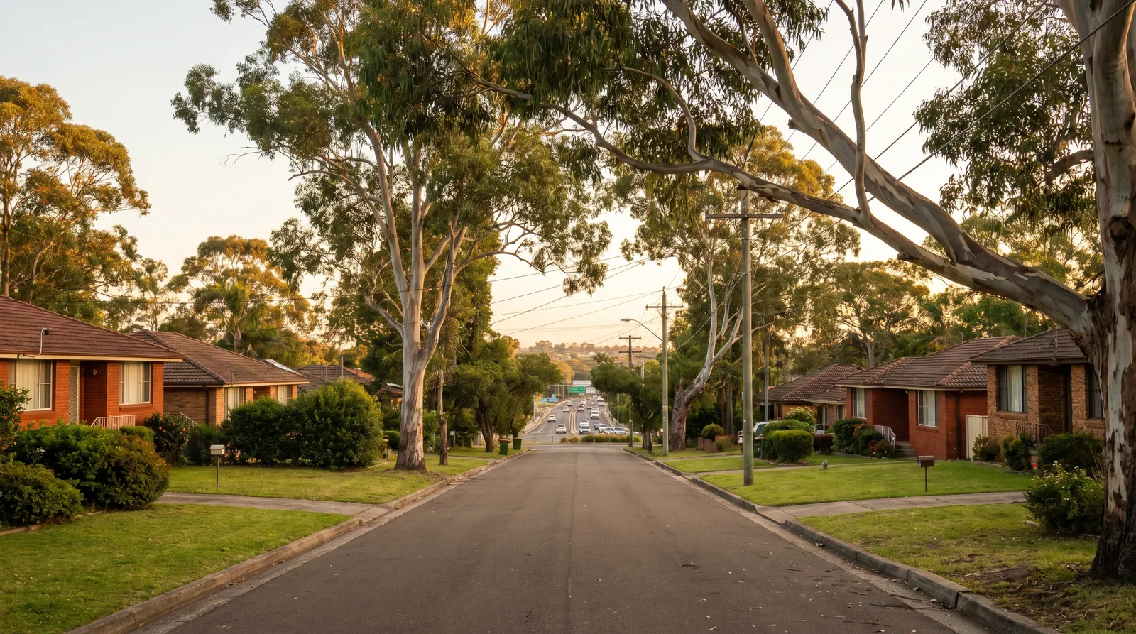 A leafy Frenchs Forest residential street of single-storey brick homes under tall gums