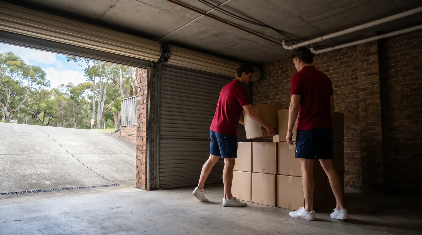 Inside an under-house garage, a removalist stacking boxes in a neat row with the roller door open to a steep drive