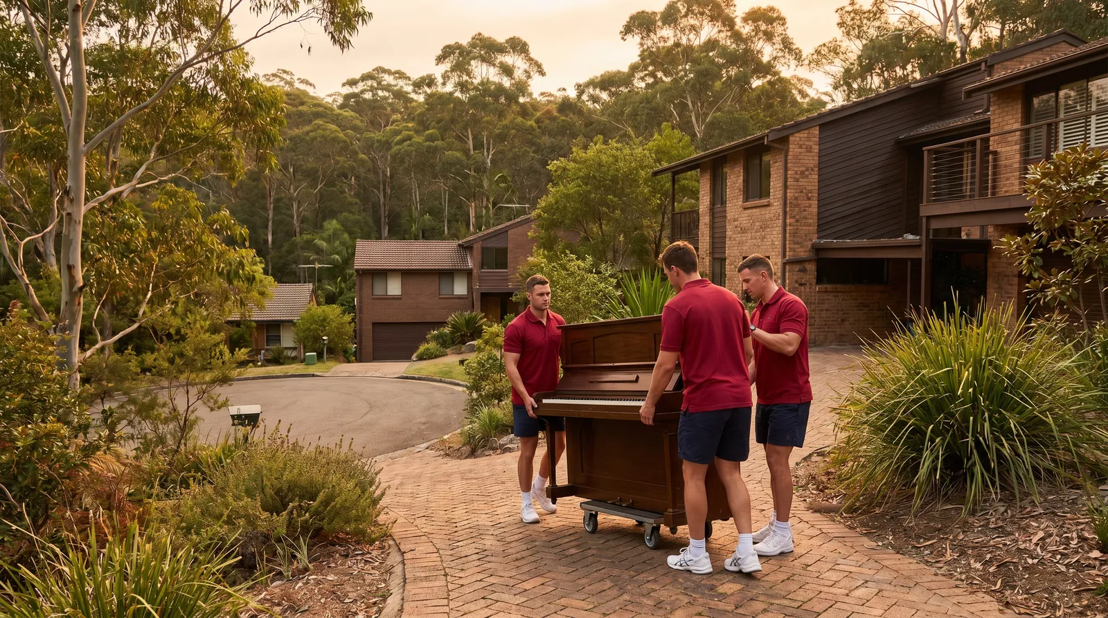 Three removalists guiding an upright piano on a trolley down a brick path
