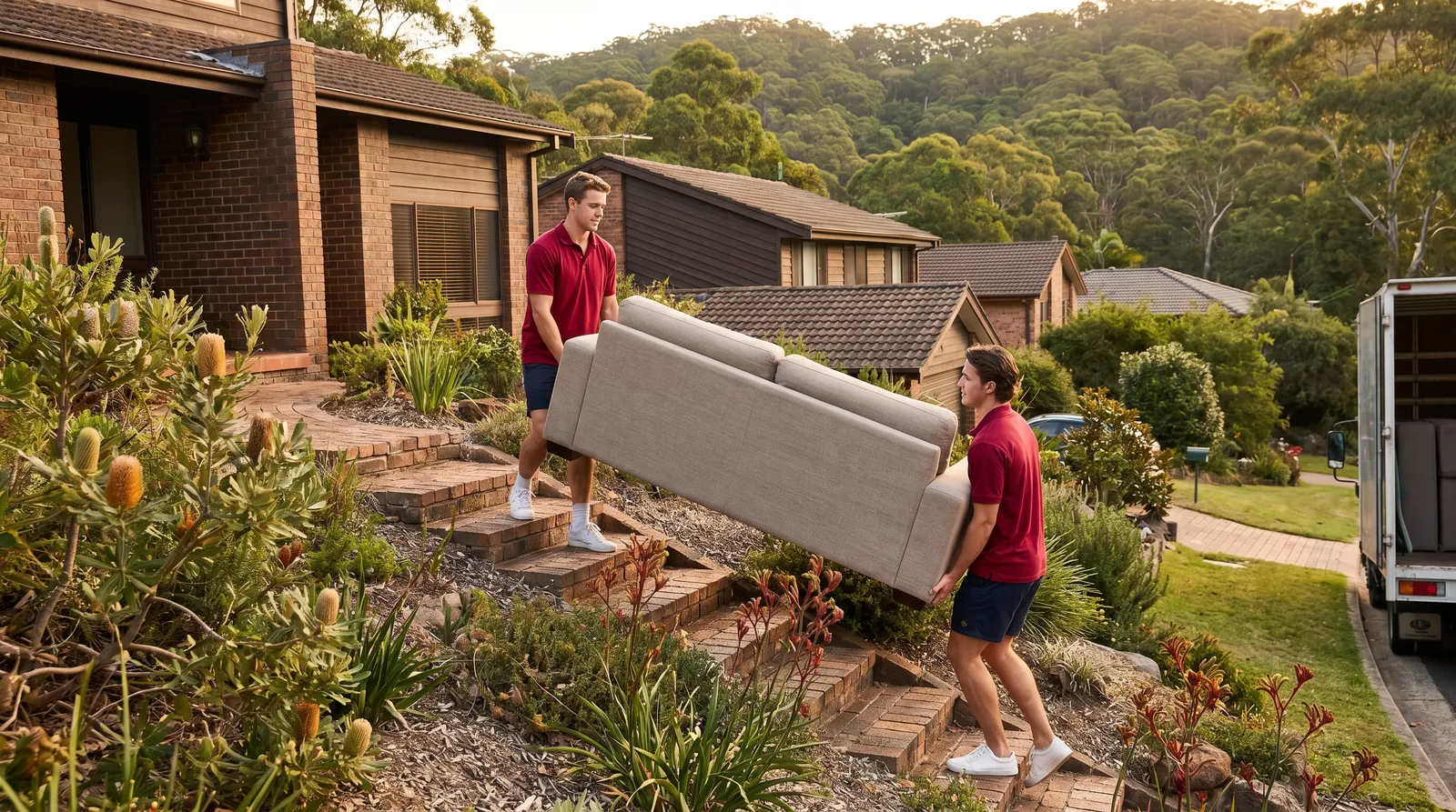 Removalists carrying a sofa up brick steps beside a terraced garden